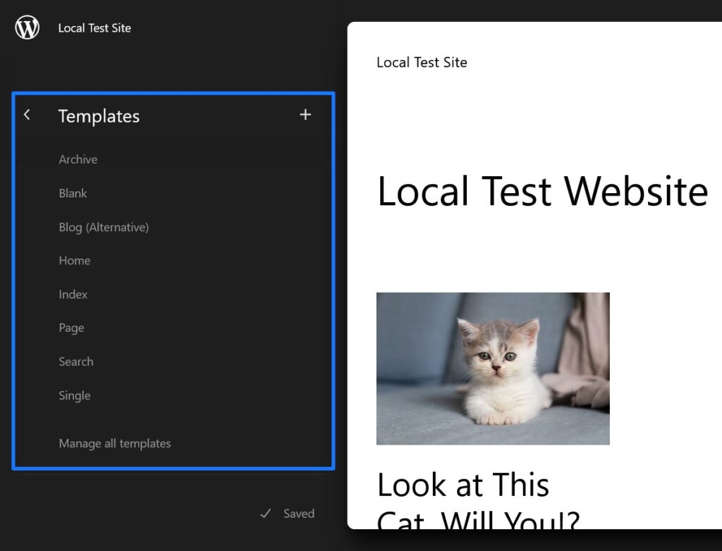available page templates in site editor
