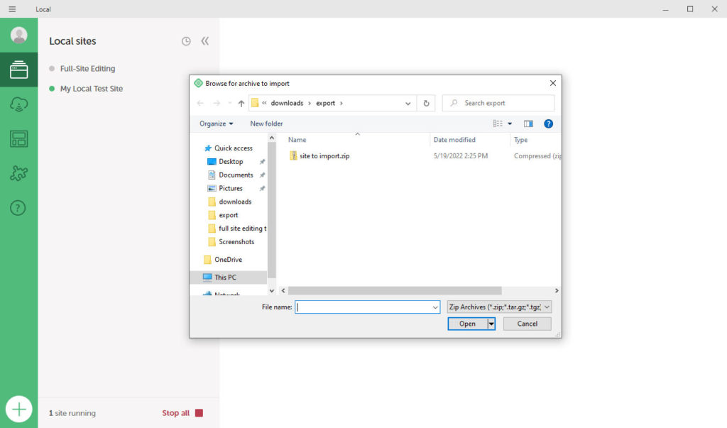 choose archive file to import