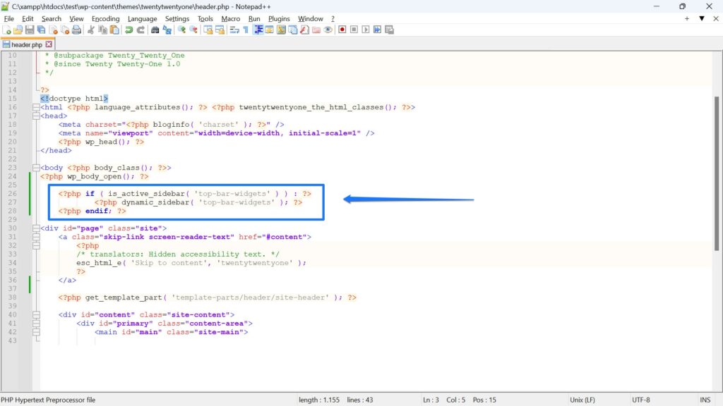code to display widget area in header file