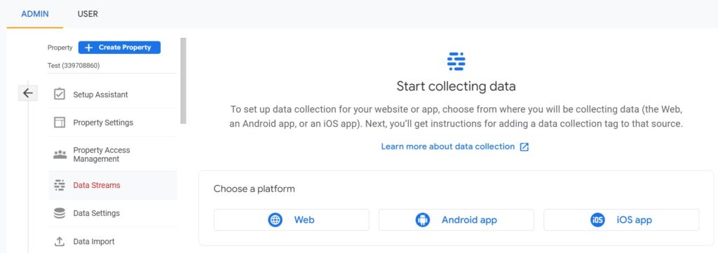 Choosing a data stream for GA4.