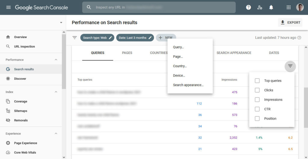google search console performance filter options