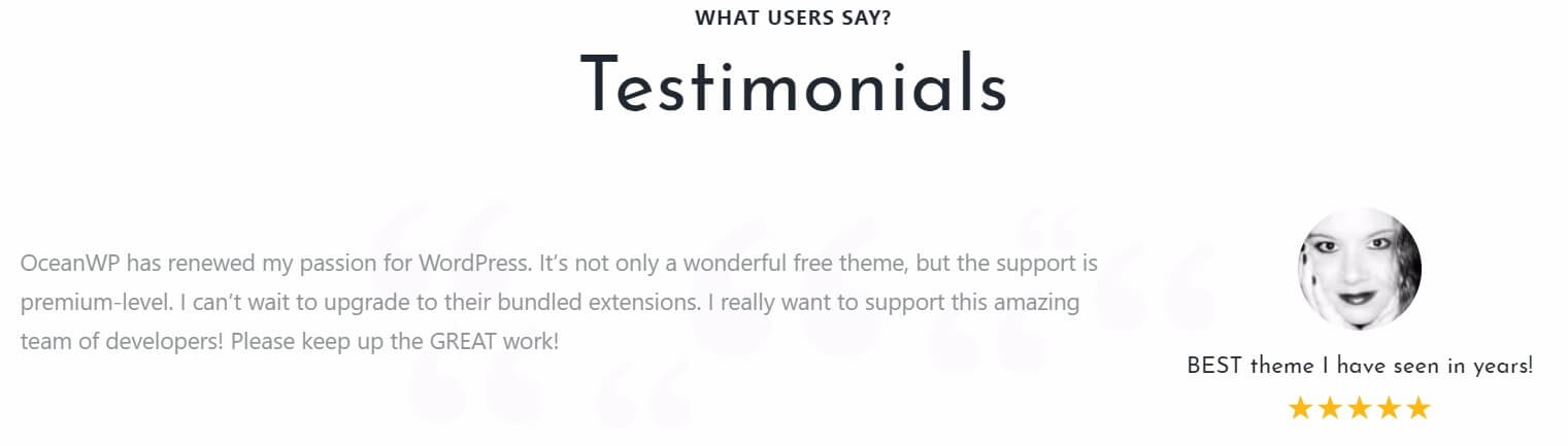 Testimonials on OceanWP's homepage
