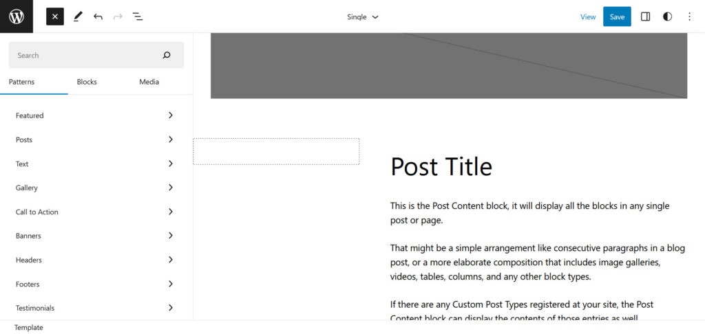 open block inserter in wordpress site editor
