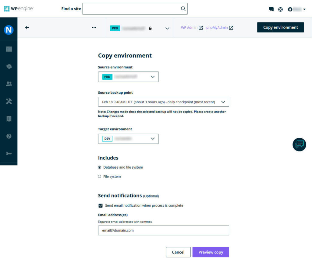 wp engine copy environment from production to development example