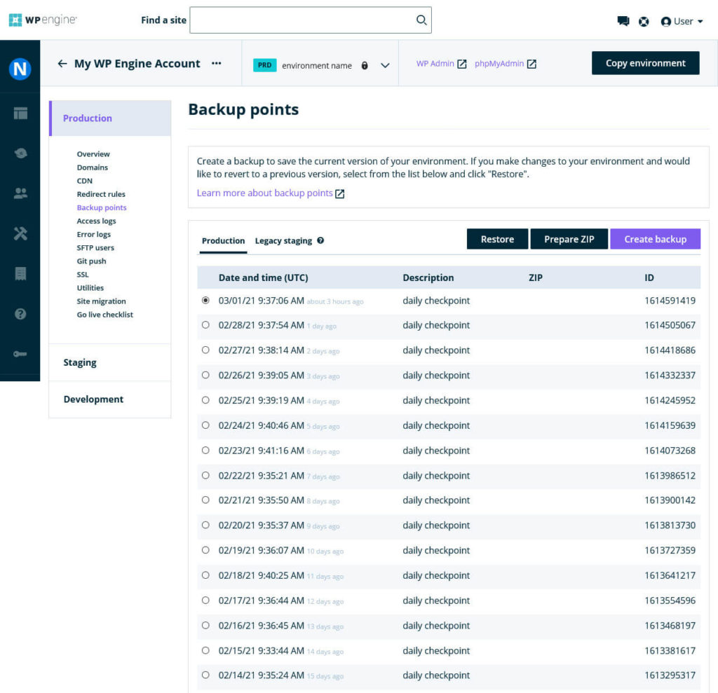 wp engine managed wordpress hosting backup menu