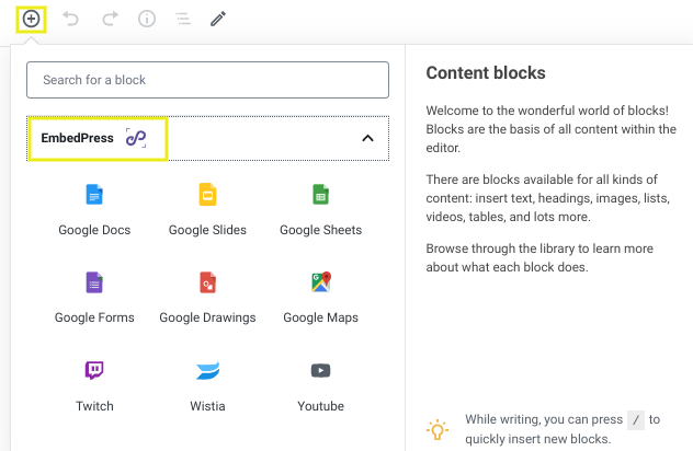 The EmbedPress block in the WordPress editor.