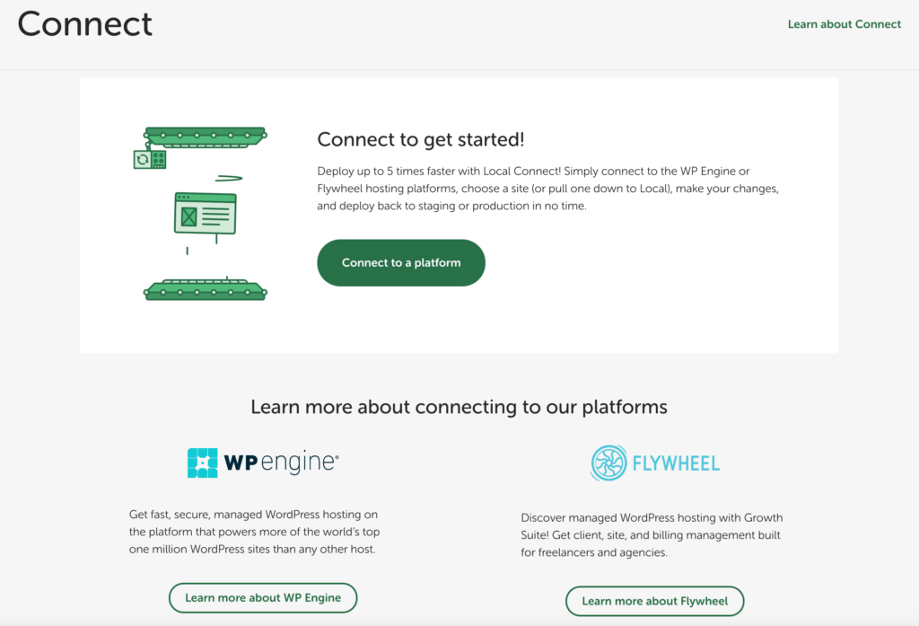 Local connect screen for deploying a WordPress website
