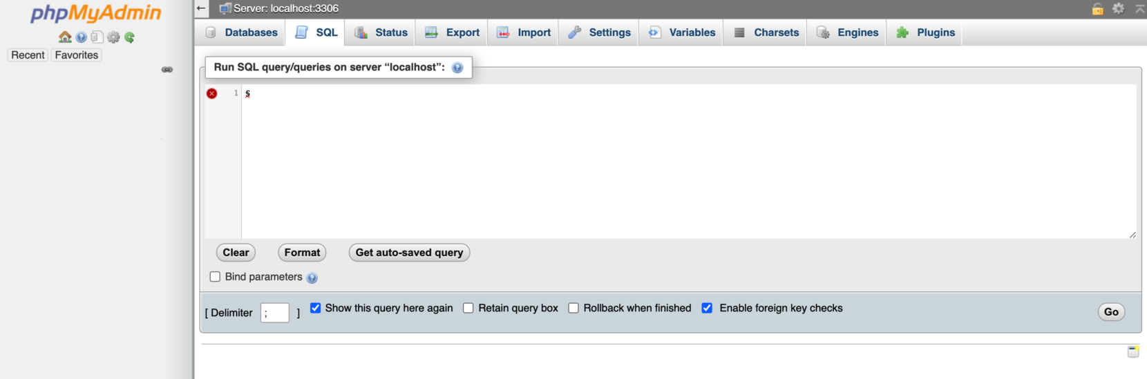 The phpMyAdmin SQL tab.