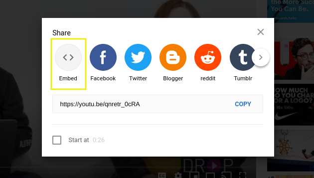 Retrieving a YouTube embed code.